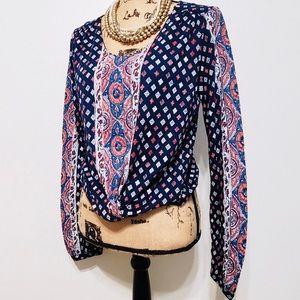 🆕 Lucky Brand Long Sleeve Top with Geometric Print. Navy-White-Pink Chest 42”